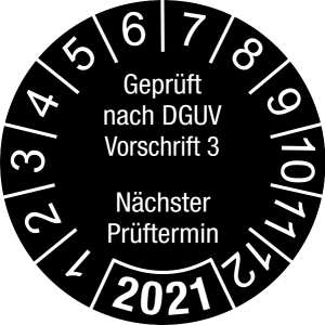 Jahresprüfplakette 2021 | Geprüft nach DGUV / Nächster Prüftermin | DP621 | Folie selbstklebend | M21 | schwarz & weiß | 15 mm | 50 Stück