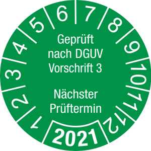 Jahresprüfplakette 2021 | Geprüft nach DGUV / Nächster Prüftermin | DP621 | Folie selbstklebend | M24 | sicherheitsgrün & weiß | 15 mm | 50 Stück