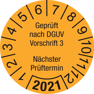 Jahresprüfplakette 2021 | Geprüft nach DGUV / Nächster Prüftermin | DP621 | Folie selbstklebend | M30 | orange & schwarz | 15 mm | 50 Stück