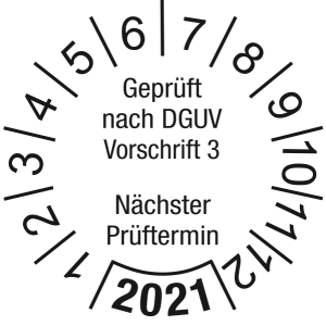 Jahresprüfplakette 2021 | Geprüft nach DGUV / Nächster Prüftermin | DP621 | Folie selbstklebend | M10 | weiß & schwarz | 20 mm | 50 Stück