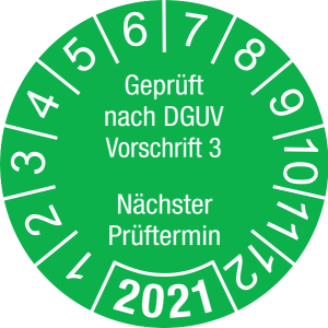 Jahresprüfplakette 2021 | Geprüft nach DGUV / Nächster Prüftermin | DP621 | Folie selbstklebend | M28 | hellgrün & weiß | 30 mm | 50 Stück