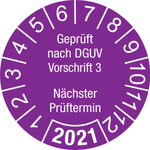 Jahresprüfplakette 2021 | Geprüft nach DGUV / Nächster Prüftermin | DP621 | Folie selbstklebend | M38 | violett & weiß | 30 mm | 50 Stück