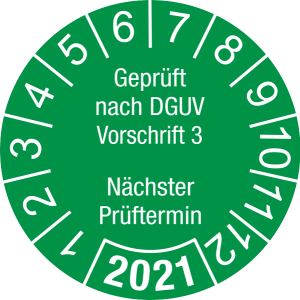 Jahresprüfplakette 2021 | Geprüft nach DGUV / Nächster Prüftermin | DP621 | Folie selbstklebend | M24 | sicherheitsgrün & weiß | 40 mm | 50 Stück