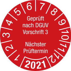 Jahresprüfplakette 2021 | Geprüft nach DGUV / Nächster Prüftermin | DP621 | Folie selbstklebend | M32 | rot & weiß | 40 mm | 50 Stück