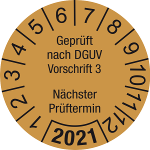 Jahresprüfplakette 2021 | Geprüft nach DGUV / Nächster Prüftermin | DP621 | Folie selbstklebend | M35 | gold & schwarz | 40 mm | 50 Stück