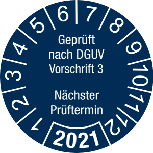 Jahresprüfplakette 2021 | Geprüft nach DGUV / Nächster Prüftermin | DP621 | Folie selbstklebend | M44 | sicherheitsblau & weiß | 40 mm | 50 Stück