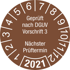 Jahresprüfplakette 2021 | Geprüft nach DGUV / Nächster Prüftermin | DP621 | Dokumentenfolie | M78 | signalbraun & weiß | 10 mm | 50 Stück