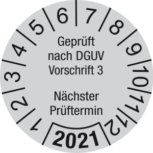 Jahresprüfplakette 2021 | Geprüft nach DGUV / Nächster Prüftermin | DP621 | Dokumentenfolie | M43 | verkehrsgrau & schwarz | 10 mm | 50 Stück