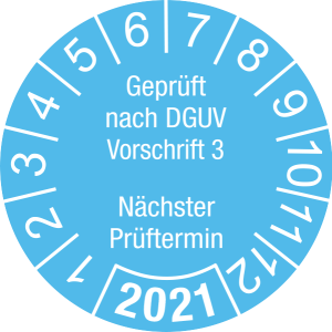 Jahresprüfplakette 2021 | Geprüft nach DGUV / Nächster Prüftermin | DP621 | Dokumentenfolie | M22 | himmelblau & weiß | 15 mm | 50 Stück