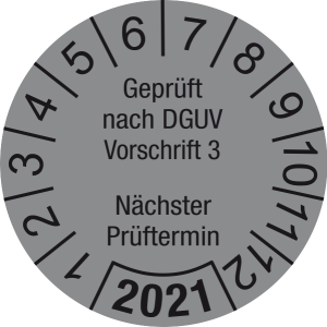 Jahresprüfplakette 2021 | Geprüft nach DGUV / Nächster Prüftermin | DP621 | Dokumentenfolie | M34 | silber & schwarz | 15 mm | 50 Stück