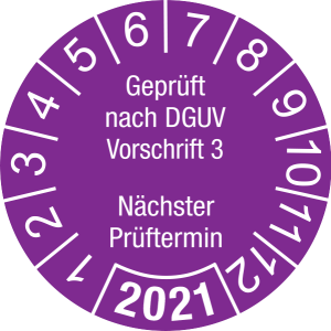 Jahresprüfplakette 2021 | Geprüft nach DGUV / Nächster Prüftermin | DP621 | Dokumentenfolie | M38 | violett & weiß | 15 mm | 50 Stück