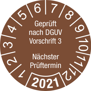 Jahresprüfplakette 2021 | Geprüft nach DGUV / Nächster Prüftermin | DP621 | Dokumentenfolie | M78 | signalbraun & weiß | 20 mm | 50 Stück