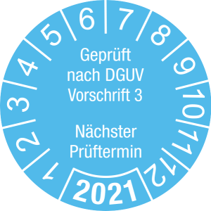 Jahresprüfplakette 2021 | Geprüft nach DGUV / Nächster Prüftermin | DP621 | Dokumentenfolie | M22 | himmelblau & weiß | 25 mm | 50 Stück
