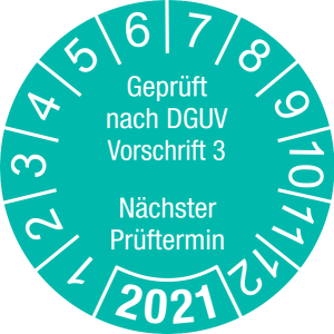 Jahresprüfplakette 2021 | Geprüft nach DGUV / Nächster Prüftermin | DP621 | Dokumentenfolie | M46 | türkis & weiß | 25 mm | 50 Stück