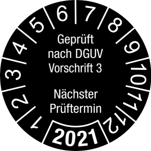 Jahresprüfplakette 2021 | Geprüft nach DGUV / Nächster Prüftermin | DP621 | Dokumentenfolie | M21 | schwarz & weiß | 40 mm | 50 Stück