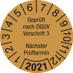 Jahresprüfplakette 2021 | Geprüft nach DGUV / Nächster Prüftermin | DP621 | Folie selbstklebend | M35 | gold & schwarz | 10 mm | 500 Stück