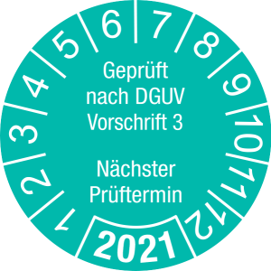 Jahresprüfplakette 2021 | Geprüft nach DGUV / Nächster Prüftermin | DP621 | Folie selbstklebend | M46 | türkis & weiß | 15 mm | 500 Stück