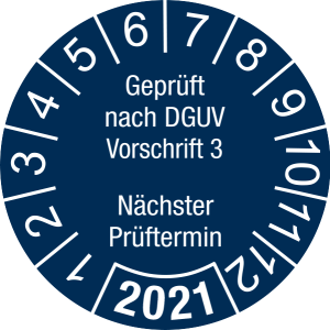 Jahresprüfplakette 2021 | Geprüft nach DGUV / Nächster Prüftermin | DP621 | Folie selbstklebend | M44 | sicherheitsblau & weiß | 25 mm | 500 Stück