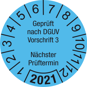 Jahresprüfplakette 2021 | Geprüft nach DGUV / Nächster Prüftermin | DP621 | Dokumentenfolie | M14 | hellblau & schwarz | 15 mm | 500 Stück