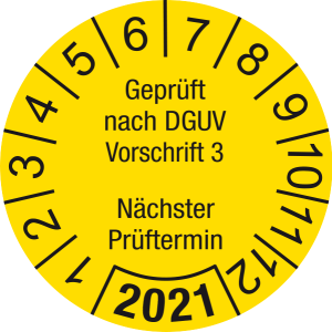 Jahresprüfplakette 2021 | Geprüft nach DGUV / Nächster Prüftermin | DP621 | Dokumentenfolie | M13 | gelb & schwarz | 20 mm | 500 Stück