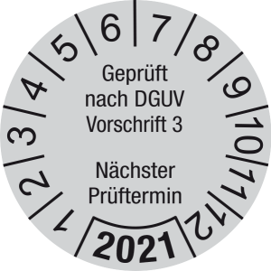 Jahresprüfplakette 2021 | Geprüft nach DGUV / Nächster Prüftermin | DP621 | Dokumentenfolie | M43 | verkehrsgrau & schwarz | 30 mm | 500 Stück