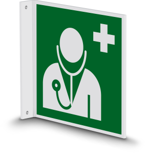 Rettungszeichen - Arzt (E009) - Fahnenschild Wandmontage - 10 cm - langnachleuchtend