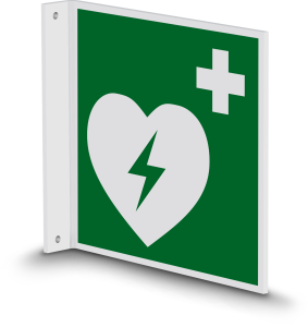 Rettungszeichen - Automatisierter externer Defibrillator (E010) - Fahnenschild Wandmontage - 10 cm 