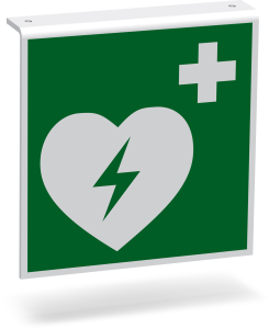 Rettungszeichen - Automatisierter externer Defibrillator (E010) - Fahnenschild Deckenmontage - 20 cm 