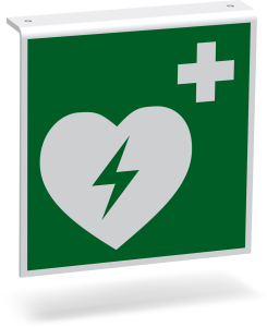Rettungszeichen - Automatisierter externer Defibrillator (E010) - Fahnenschild Deckenmontage - 10 cm - langnachleuchtend