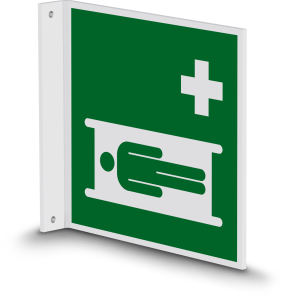 Rettungszeichen - Krankentrage (E013) - Fahnenschild Wandmontage - 10 cm - langnachleuchtend
