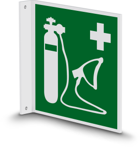Rettungszeichen - Wiederbelebungsgerät (E028) - Fahnenschild Wandmontage - 20 cm 