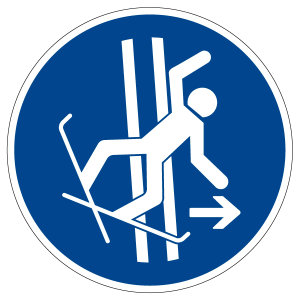Gebotszeichen - Im Fall eines Sturzes Schleppspur sofort verlassen - M035 - Folie Selbstklebend - Ø 5  cm