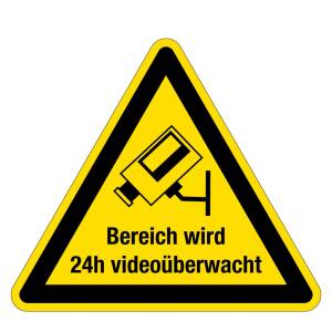 Warnzeichen - Bereich wird 24h videoüberwacht - Folie Selbstklebend  - Schenkellänge 5 cm