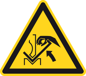 Warnzeichen - Warnung vor Quetschgefahr der Hand zwischen Presse und Werkstück - Folie Selbstklebend  - Schenkellänge 5 cm