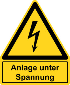 Warnzeichen mit Textfeld - Anlage unter Spannung - Kunststoff - Seitenlänge 5 cm