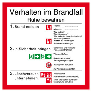 Aushang am Arbeitsplatz - Verhalten im Brandfall - Folie selbstklebend - 20 x 20 cm