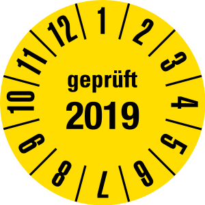 Jahresprüfplakette 2019 | JP30 | Wunschfarbe - Folie selbstklebend, gelb & schwarz - Ø 15 mm - 50 Stück