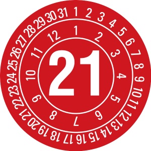 Jahresprüfplakette 2021 | JP521 | Wunschfarbe - Dokumentenfolie, rot & weiß - Ø 25 mm - 50 Stück