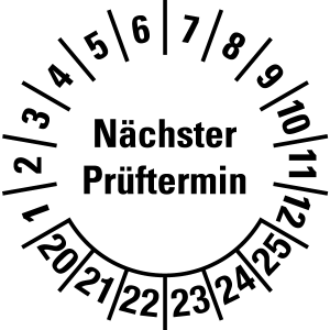 Mehrjahresprüfplakette 2020 - 2025 | Nächster Prüftermin - Folie selbstklebend, weiß & schwarz - Ø 10 mm - 50 Stück