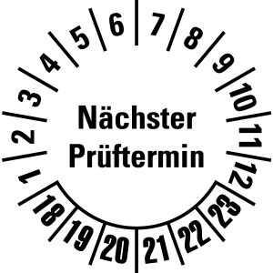 Mehrjahresprüfplakette 2018 - 2023 | Nächster Prüftermin - Folie selbstklebend, weiß & schwarz - Ø 10 mm - 50 Stück